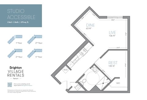 Floor plan for 1 bed, 1 bath, 579 sqft